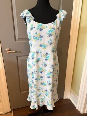 Light Blue Midi Dress with Blue & Aqua Floral Print and Ruffle Hem